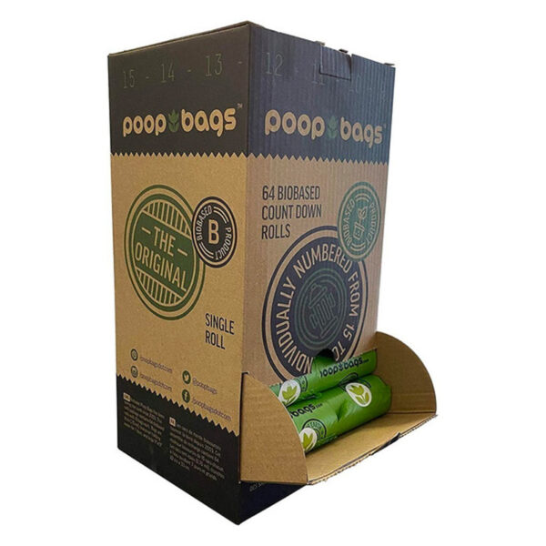 Dispensador con 64 rollos para venta individual. Incluye 960 bolsas biodegradables para desechos de perros.